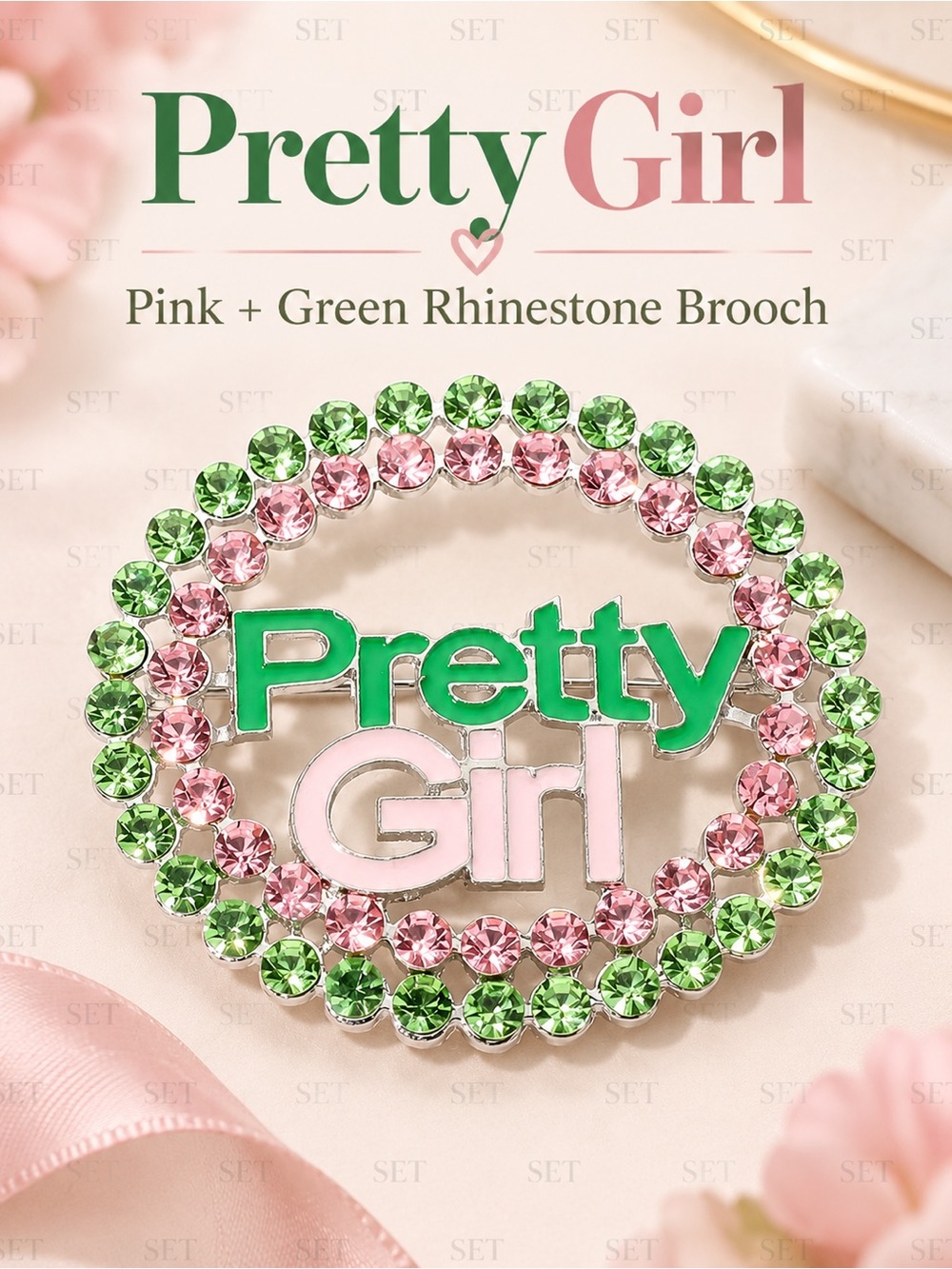 Pink Green Pretty Girl Rhinestone Brooch Sorority Style Statement Pin
